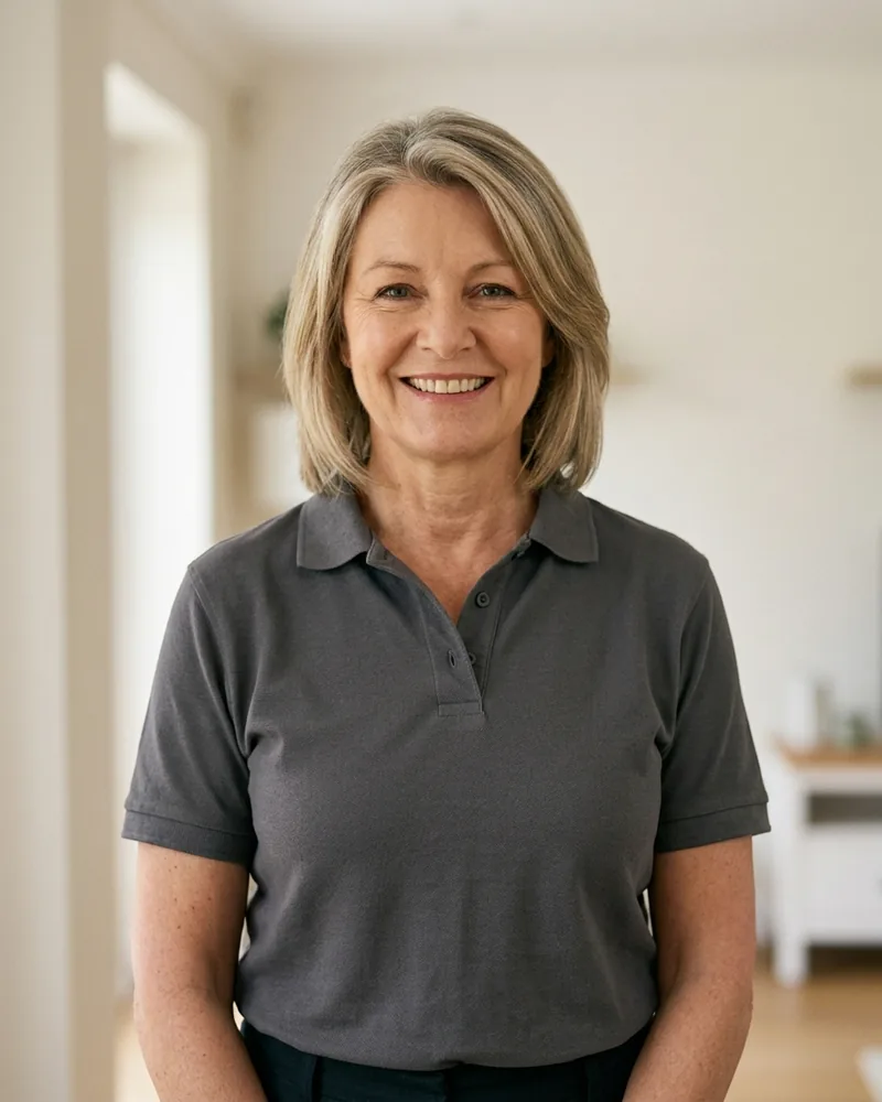 Claire, smiling, in a bright, tidy living room