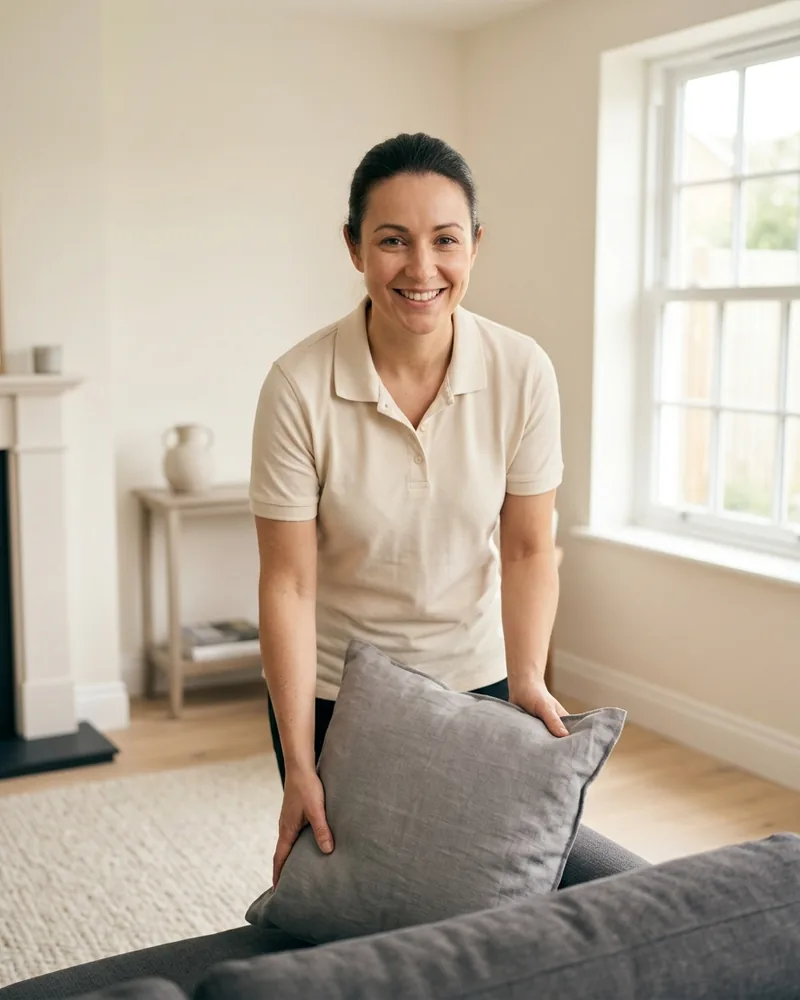 Nicola, smiling, straightening cushions on a sofa