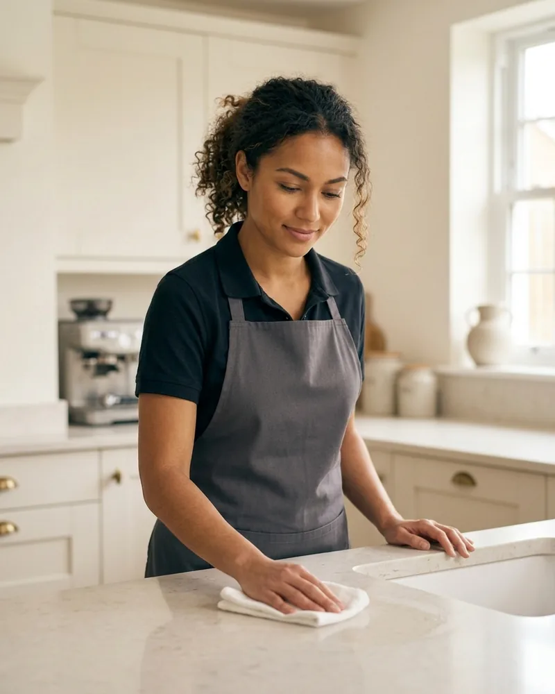 Louise, wiping down a kitchen worktop