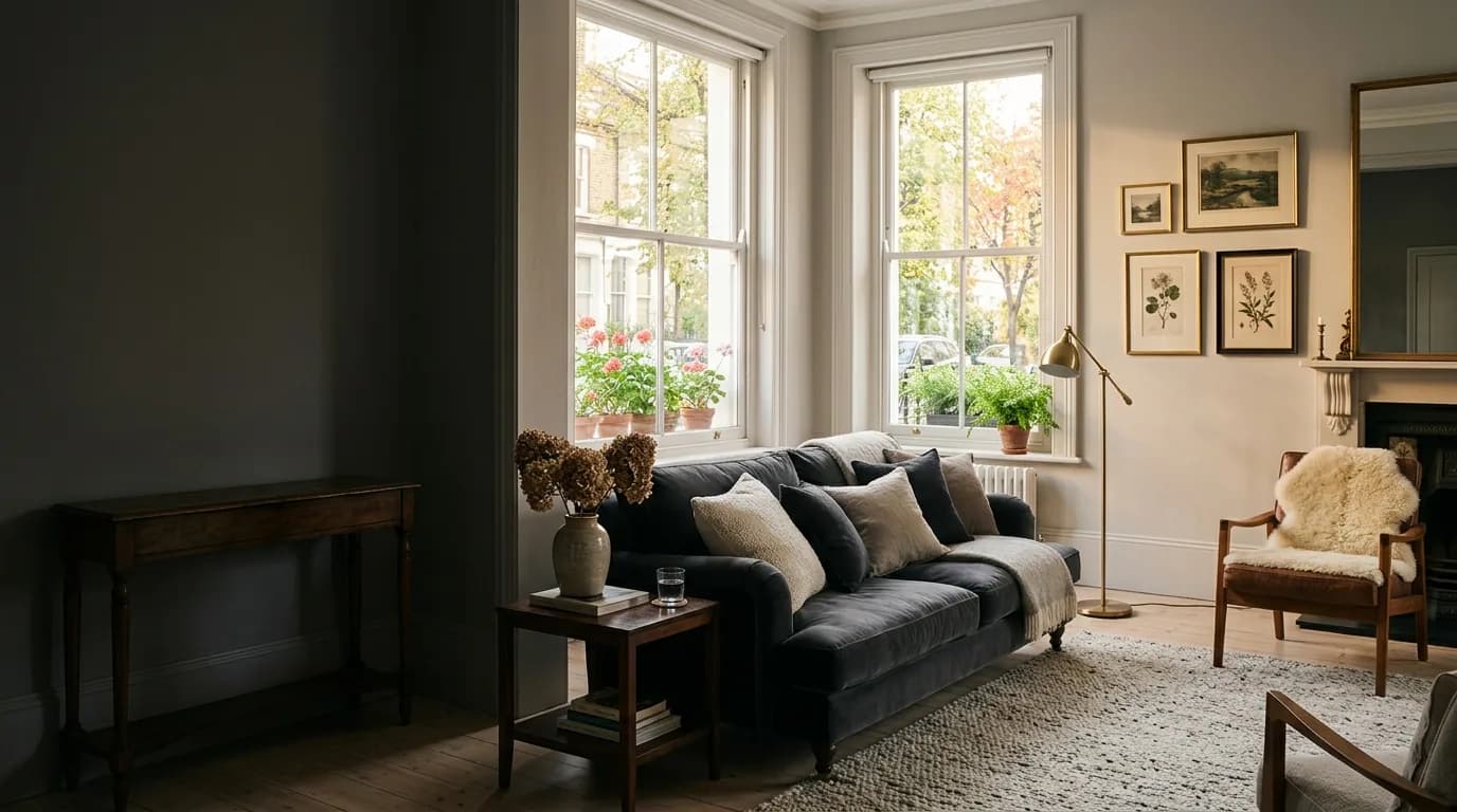 A bright, immaculately clean living room in a Victorian terraced home
